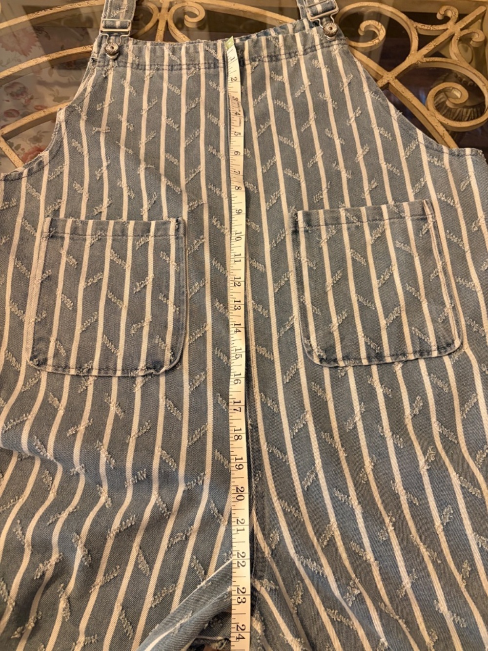 POL Boho Striped Wide Leg Overalls Ruffle Hem Lace Patch Pocket Distressed Large - Picture 6 of 8